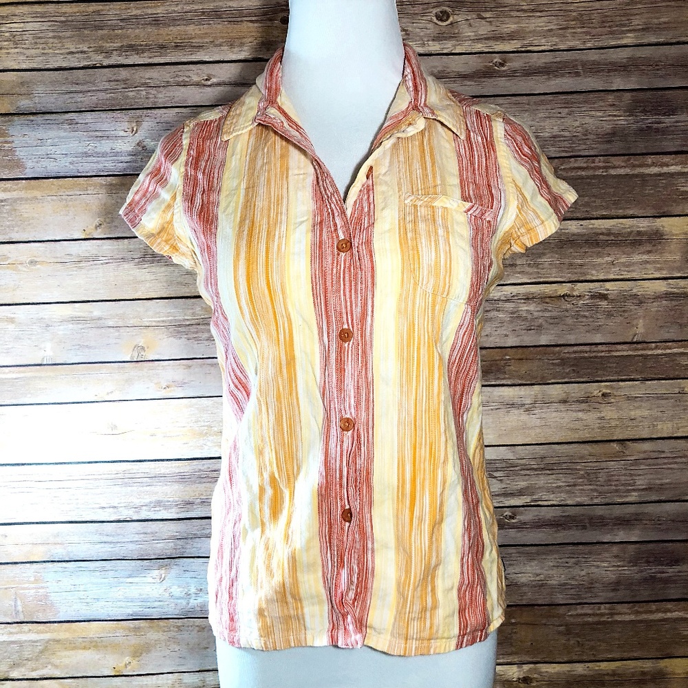 The North Face Red Yellow Striped Button Up Blouse